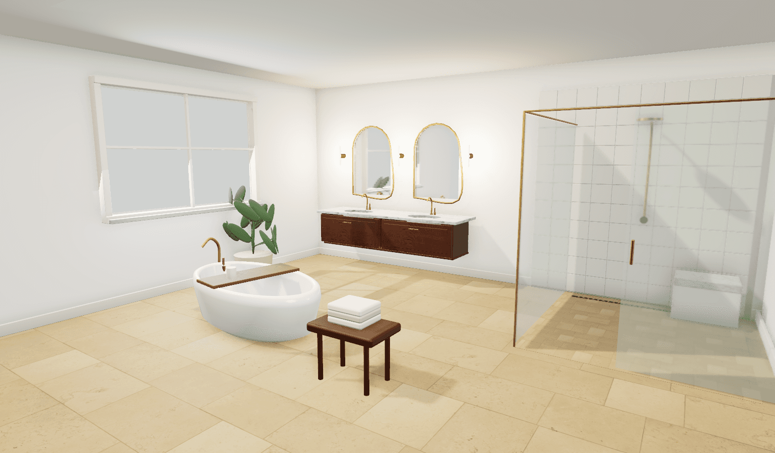 Rendered bathroom study with a wood vanity, glass shower and freestanding tub