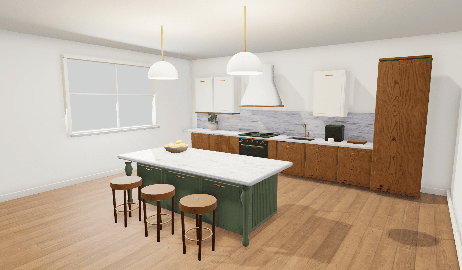 Rendered kitchen study with an olive island, veined countertop and warm wood cabinets