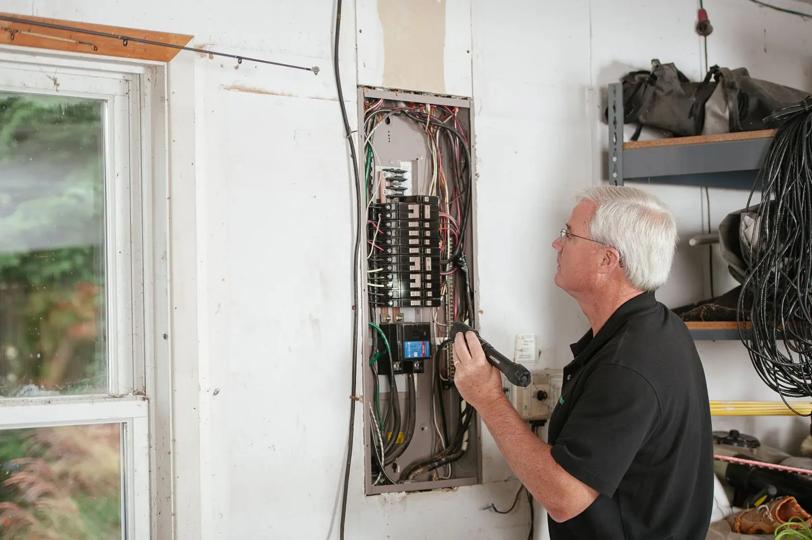 An electrician with a flashlight inspecting an open residential breaker panel mounted on a garage wall